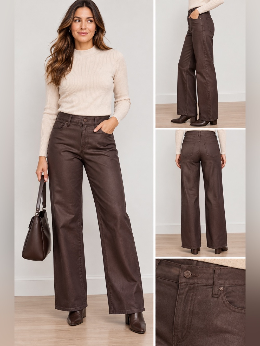 WHBM High Rise Coated Wide Leg Pants Chocolate Brown NWTS Size 4S
